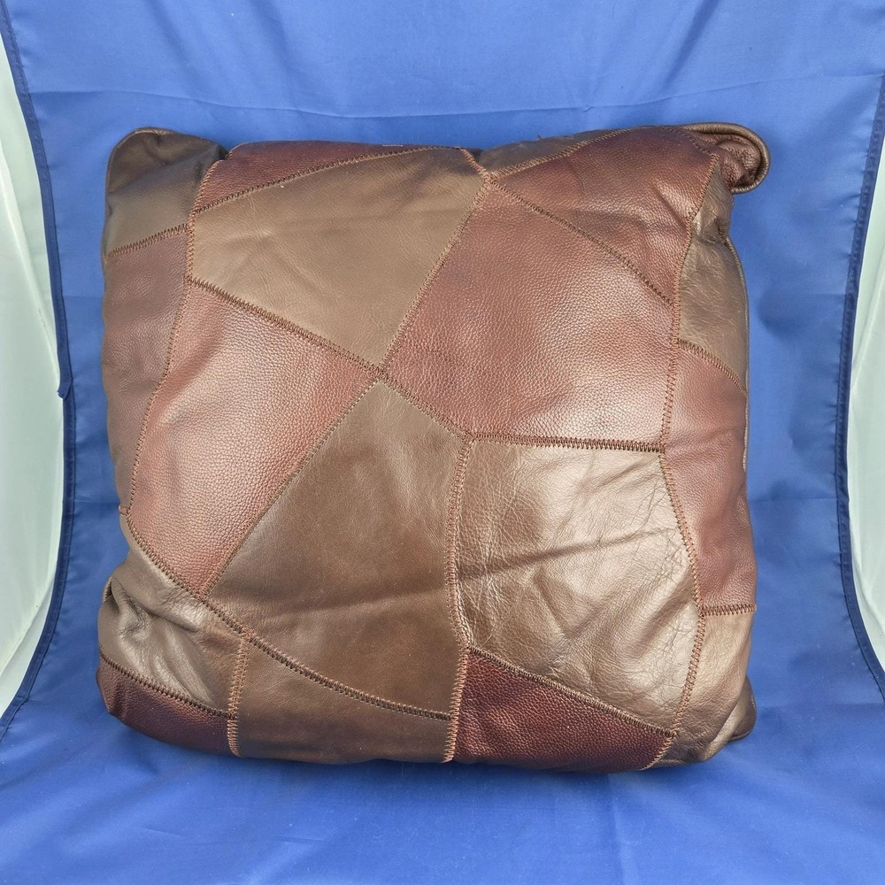 Vintage 1970s Leather Patchwork Throw Pillow 17x17 Brown Tan